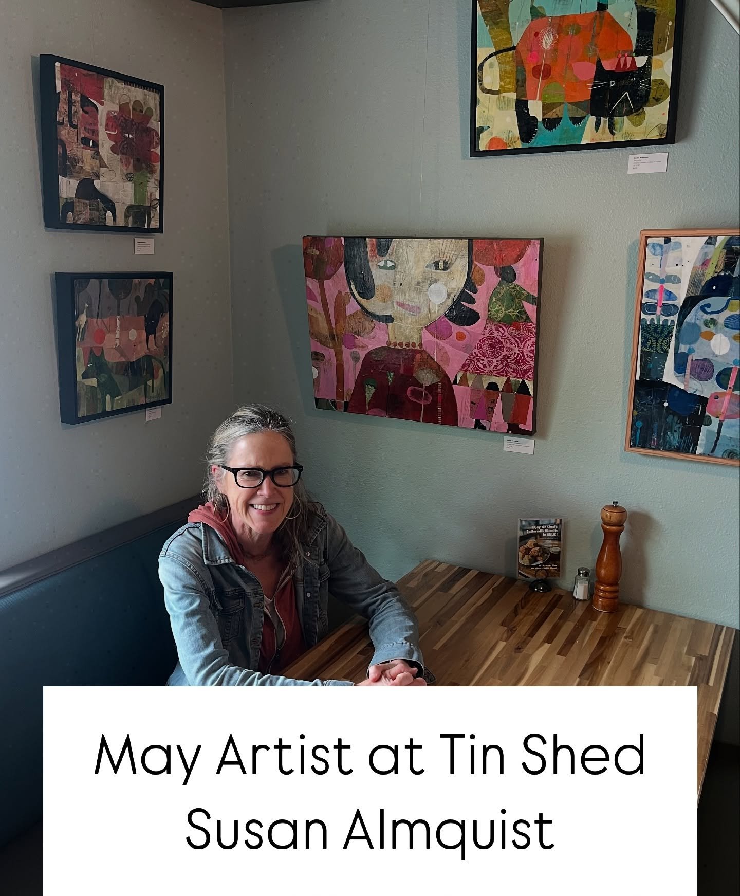Portland artist Susan Almquist will be displaying many of her paintings at the Tin Shed for the rest of this month. Susan makes mixed media acrylic paintings, usually on wood. About her work, she describes: &ldquo;Colorful, narrative, a bit naive and