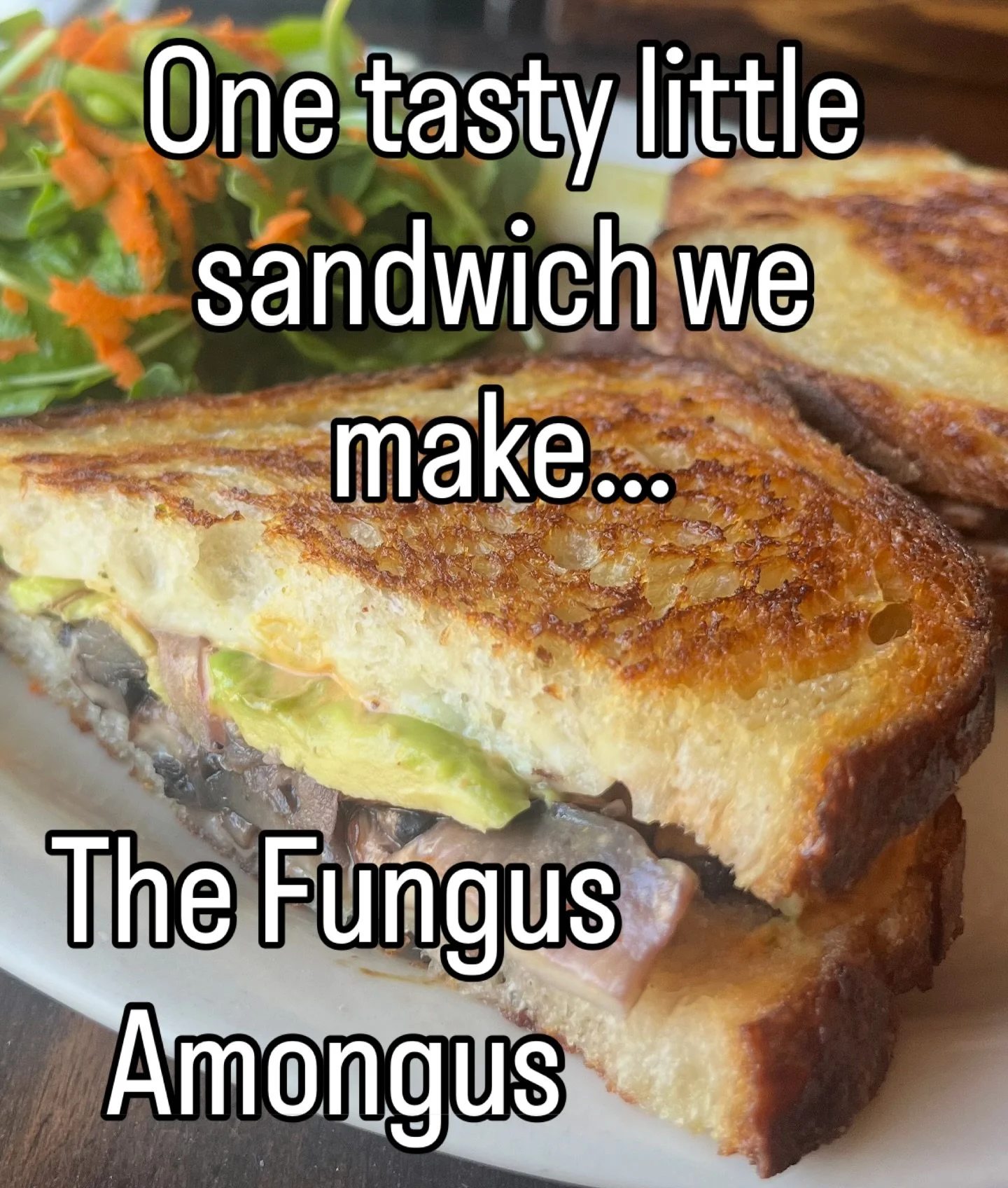This sandwich was born in late 2007, back when the impending mortgage crisis had everybody jittery and in need of food therapy real bad. We call this the Fungus Amongus. It&rsquo;s portobello mushroom strips saut&eacute;ed in butter with red onion, m