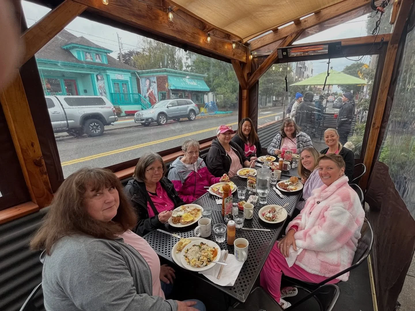This group knows how to party and still support breast cancer prevention! They come to the Tin Shed annually with their motley crew, and know how to assert themselves with class and kindness ❤️ @tinshedgardencafe #breastcancer #breastcancerwarrior