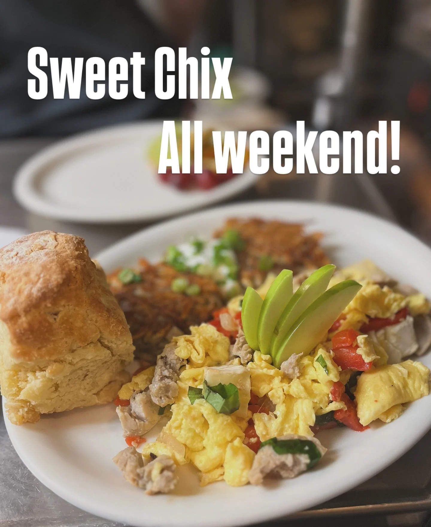 I know there are Sweet Chix fans out there! This is your weekend! Scrambled eggs, melted brie, roasted red peppers, basil, sweet onion, and a Granny Smith Apple fan; served with our fresh baked biscuit and either potato cakes or cheesy grits on the s