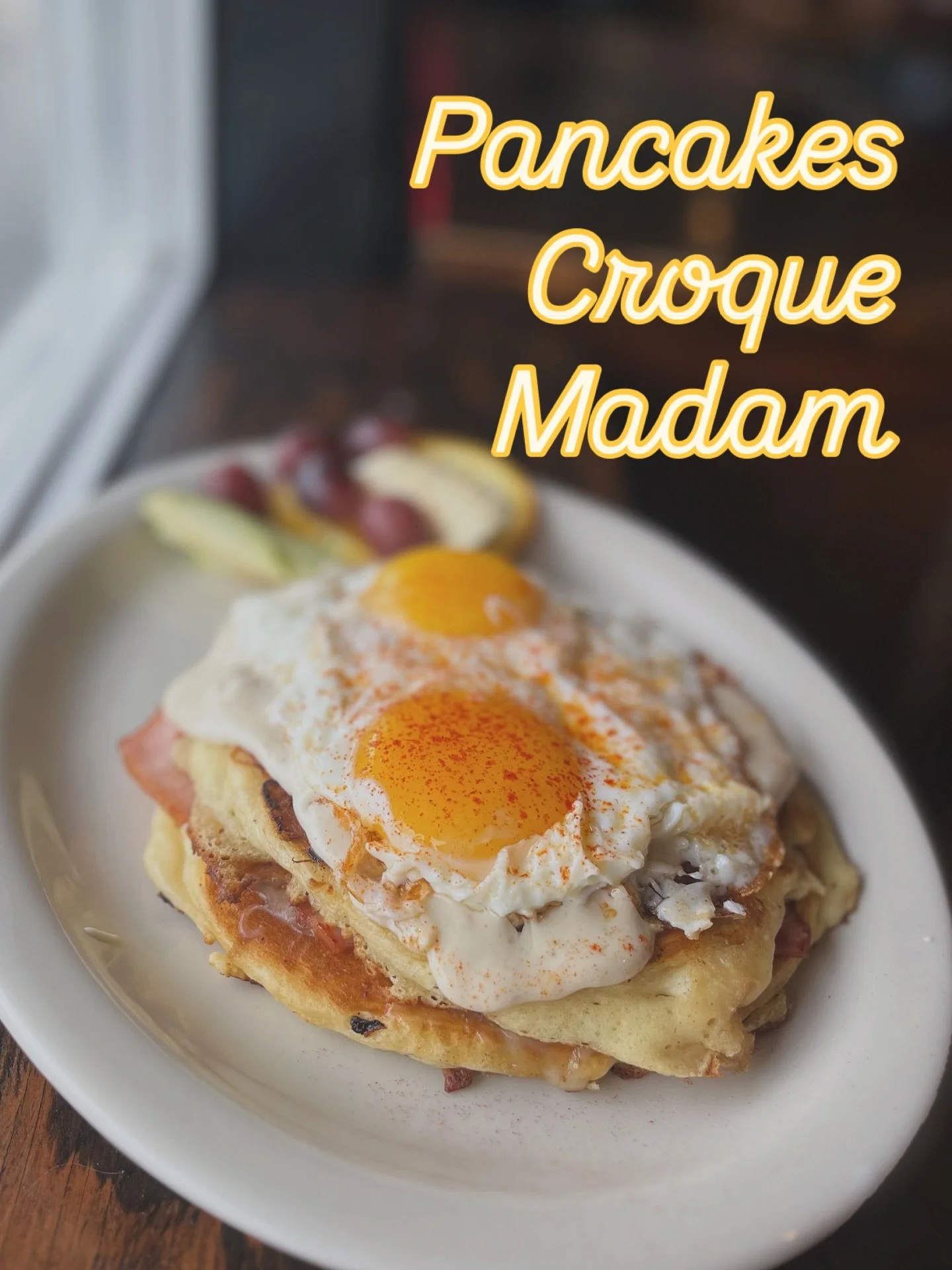 Oh boy, we have really done it! Pancakes Croque Madam. Two buttermilk pancakes served with melted Gruy&egrave;re and Canadian bacon in between&hellip; topped with our house made mornay sauce, two eggs any style, dusted with paprika and fresh parsley;