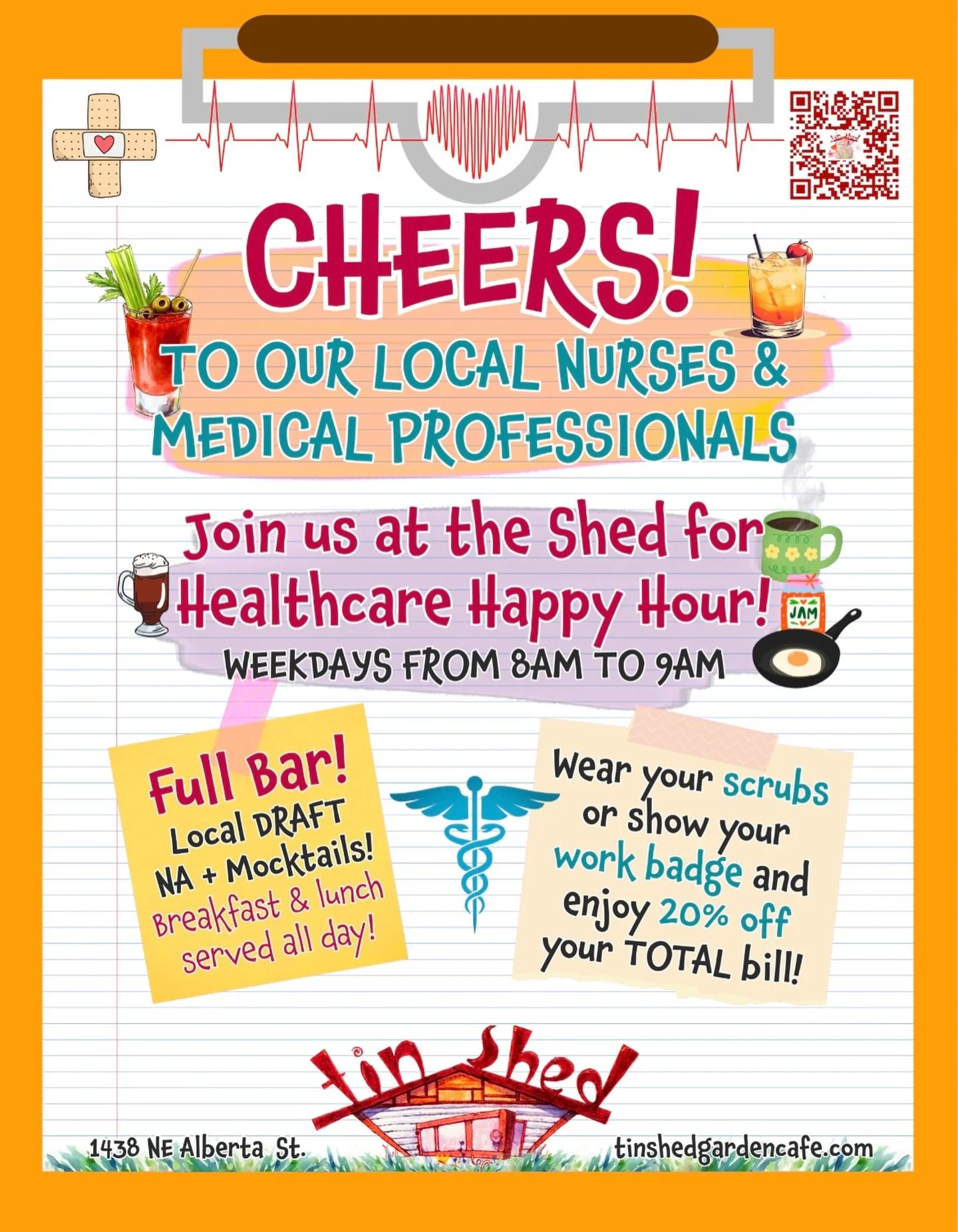 In solidarity with our incredible local health care workers, heroes really, working untold hours, oftentimes way understaffed, all in service of our communities&hellip; we have launched a new program at the Tin Shed called Health Care Happy Hour! If 