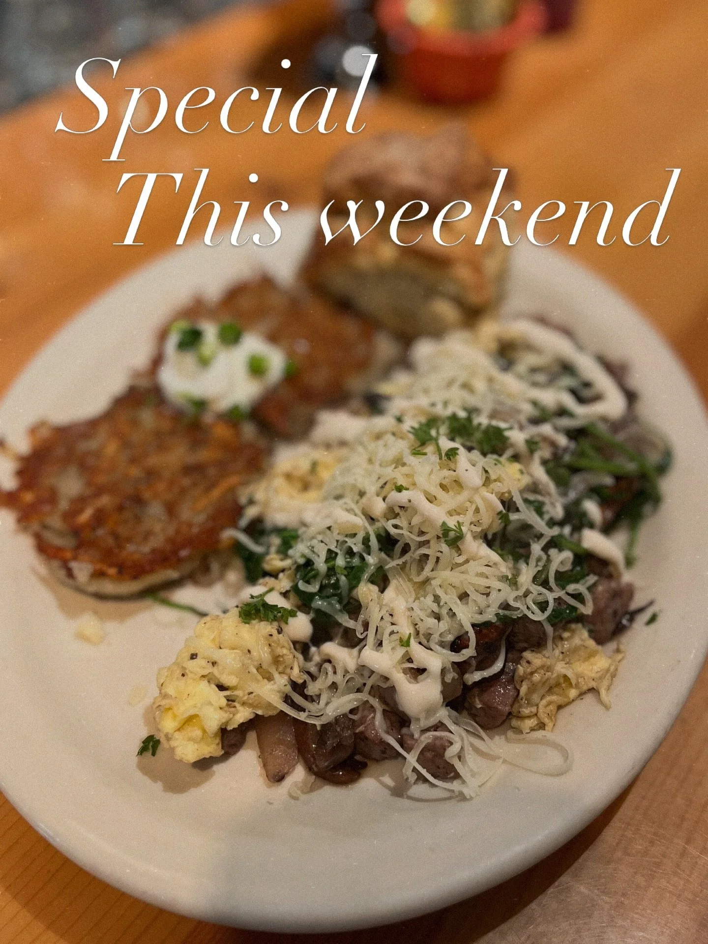 Giddy-up with a roast beef egg scramble, served with portobello mushrooms, saut&eacute;ed onions, arugula; topped with shredded Swiss and a house-made horseradish aioli! Get that with either potato cakes or cheesy grits and a scratch-made buttermilk 