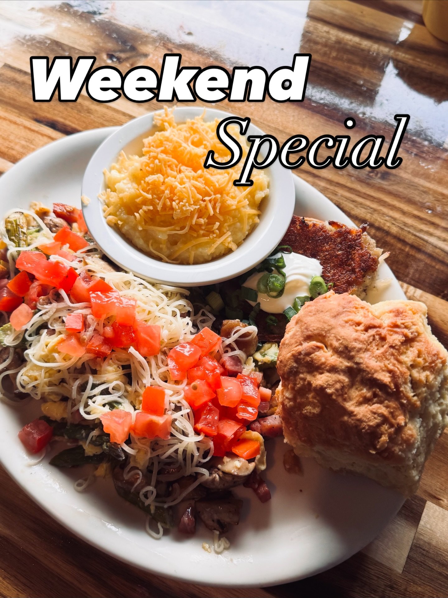 Every compass points to 14th Place and Alberta Street, where we&rsquo;re serving an egg scramble with prosciutto, asparagus and mushrooms, topped with Swiss and diced tomatoes; served with a choice of potato cakes or cheese grits; and (of course) our