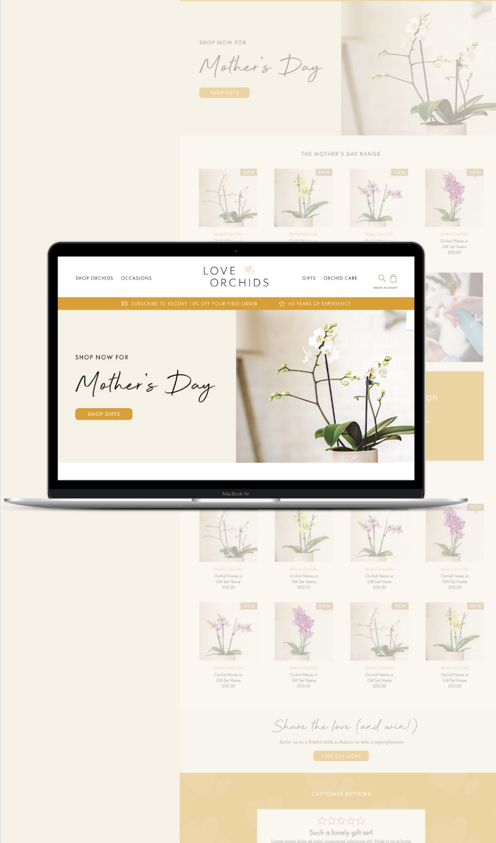 A website on a MacBook Air laptop screen displays an online store called Love Orchids, promoting Mother's Day gifts with a large orchid flower image and a banner offering 10% off on first orders.