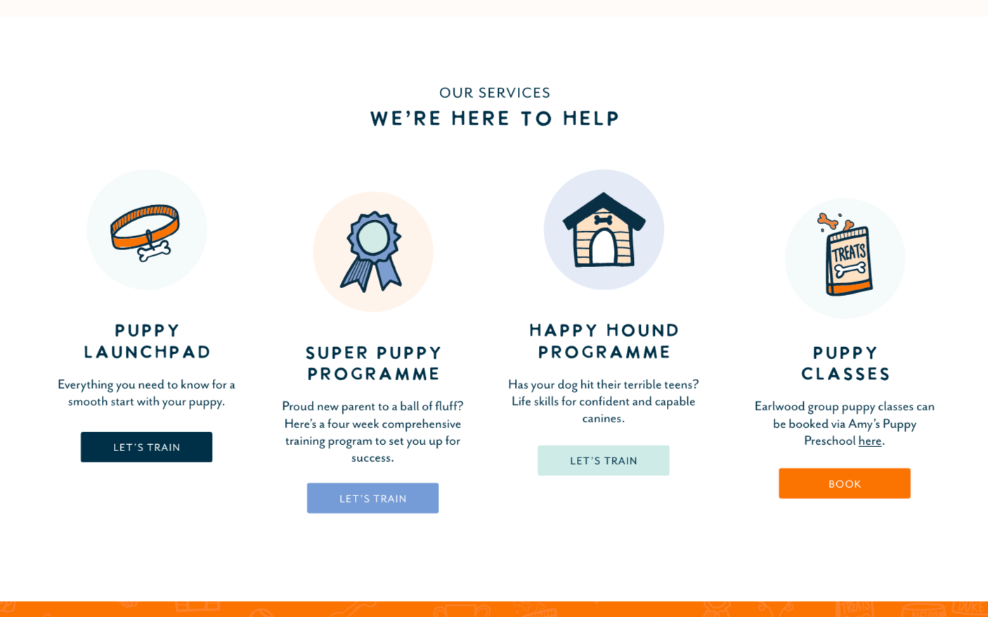 A snippet of the services section of a website, showing four columns - Puppy Launchpad, Supper Puppy Programme, Happy hound and Puppy Classes