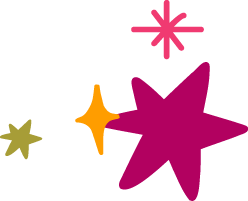 Colorful pink, green and yellow star and sparkle shapes drawn by hand.