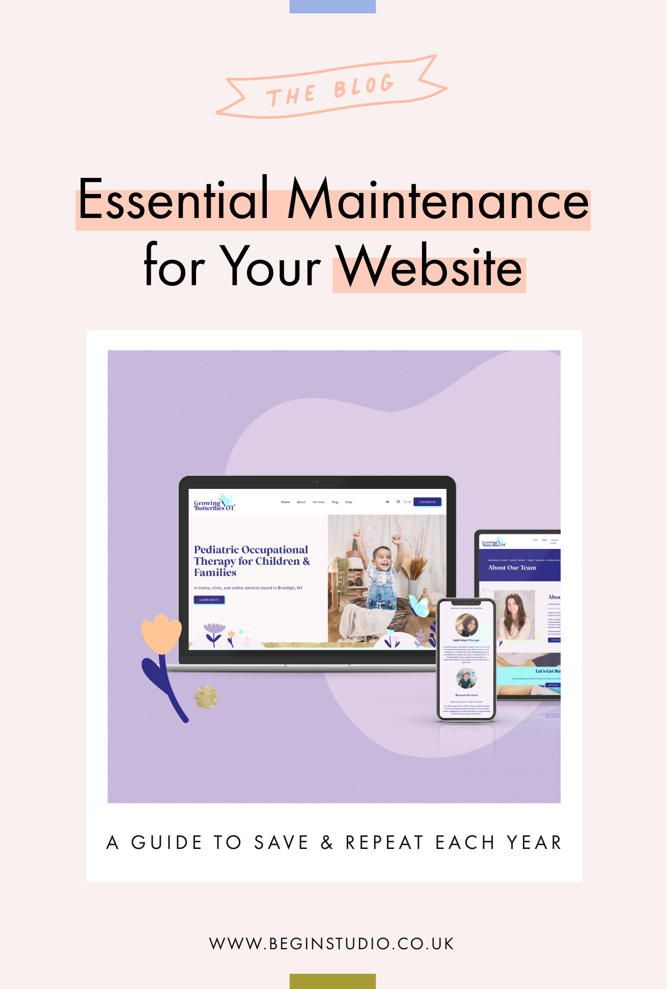 Image showing the title of the blog post with a whtie square containing a mock-up of the Growing Butterflies website