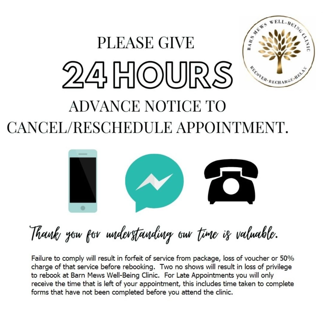 Our clients appointments are very important to us at Barn Mews, however we understand that there will be occasions where you may need to change or cancel your appointment.  Unfortunately over the last few months we have had an increasing number of la