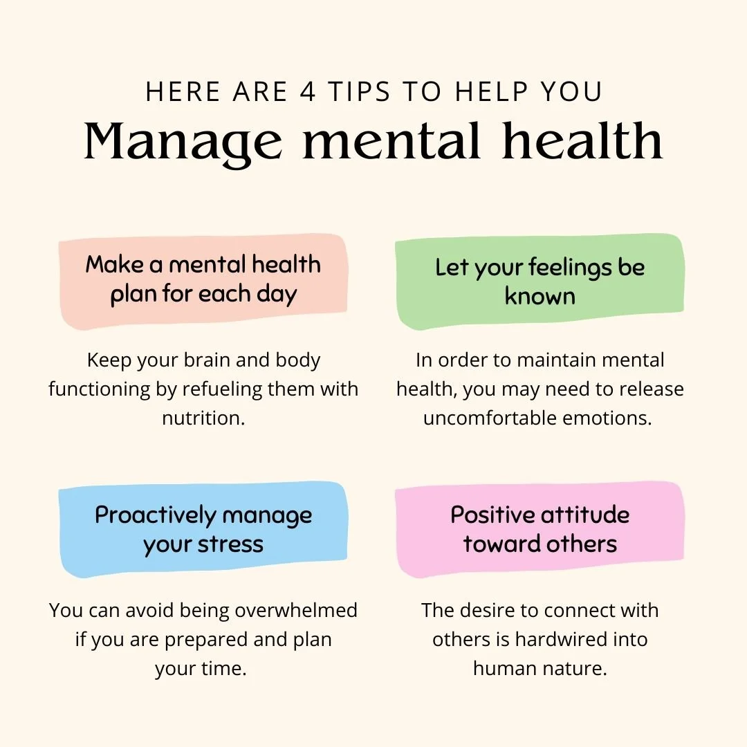 Mental Health Matters.  Remember things are not always perfect. Here are some tips to help you manage. #plan #talk #managestress #positiveattitude #strongerthanyouthink #smallsteps #makemistakes #takeabreak #mentalhealthmatters #mentalhealth #wearehe