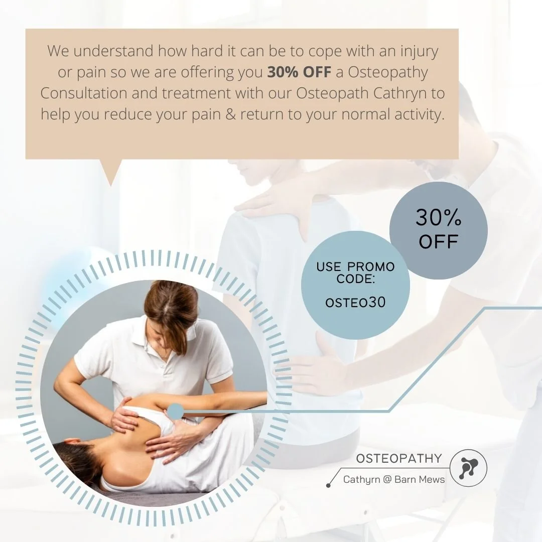 One of our November Offers is Osteopathy with Cathryn.  Osteopathy is great for back pain, neck pain or any form of pain management.  If you have not had osteopathy with us before you will need to book a consultation and treatment session first.  If 