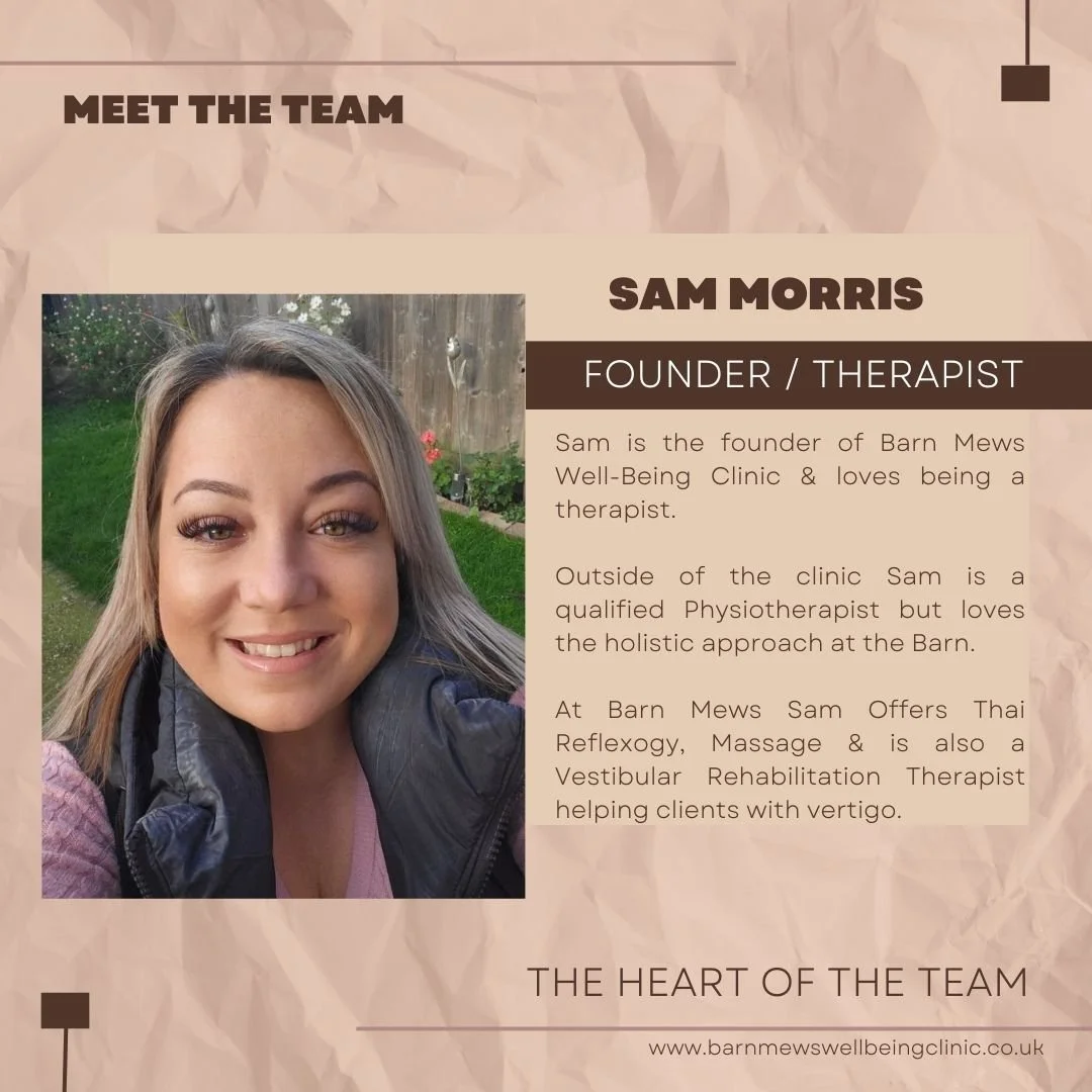 Meet the founder of Barn Mews Well-being Clinic. Has anyone had a treatment with Sam at the clinic? Comment below if you have...we would love to hear about your experience. #reflexology #reflexologist #thaireflexology  #physiotherapist #vestibularreh