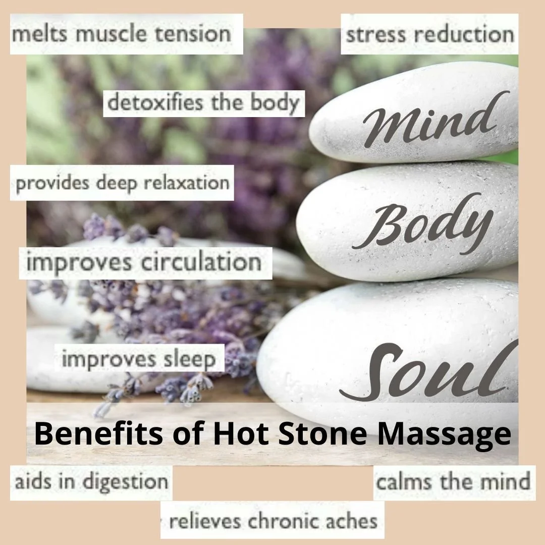 So many wonderful benefits to hot stones massage. It's a massage that is great for your mind, body and soul.  #hotstonesmassage #hotstones #benefitsofhotstones #improvesleep #calmthemind