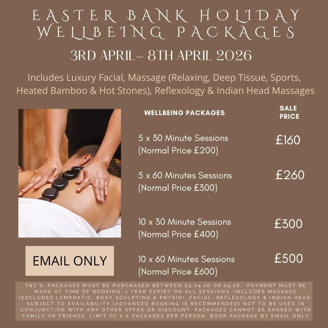 Easter Bank Holiday Weekend Well-Being Package Offers. Purchase a package and you can mix &amp; match your sessions for some of our most popular treatments. Great opportunity to treat yourself this Bank Holiday. To book your package - email us now. #