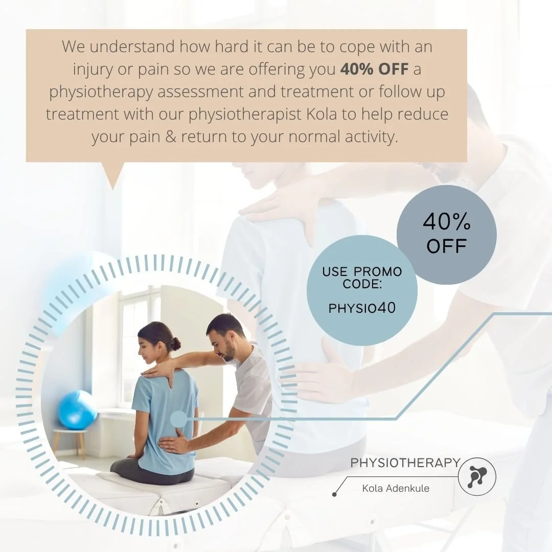 Our Bank Holiday Monday offers is here We are offering 40% OFF when you book a physio consultation and treatment or a follow up treatment. All clients old and new will need to book a consultation to see Kola so he can do a full assessment to ensure y