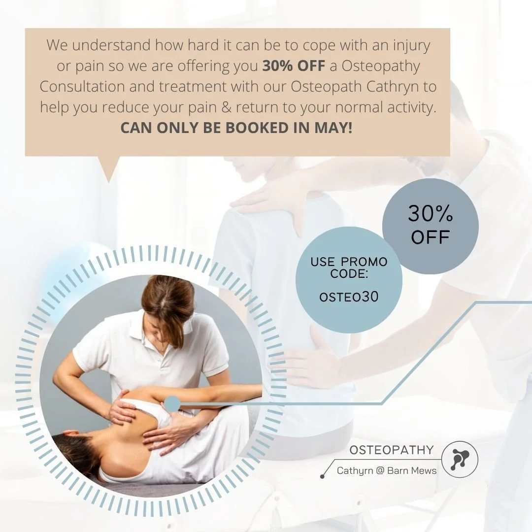 One of our May Offers is Osteopathy with Cathryn.  Osteopathy is great for back pain, neck pain or any form of pain management.  If you have not had osteopathy with us before you will need to book a consultation and treatment session first.  If you h