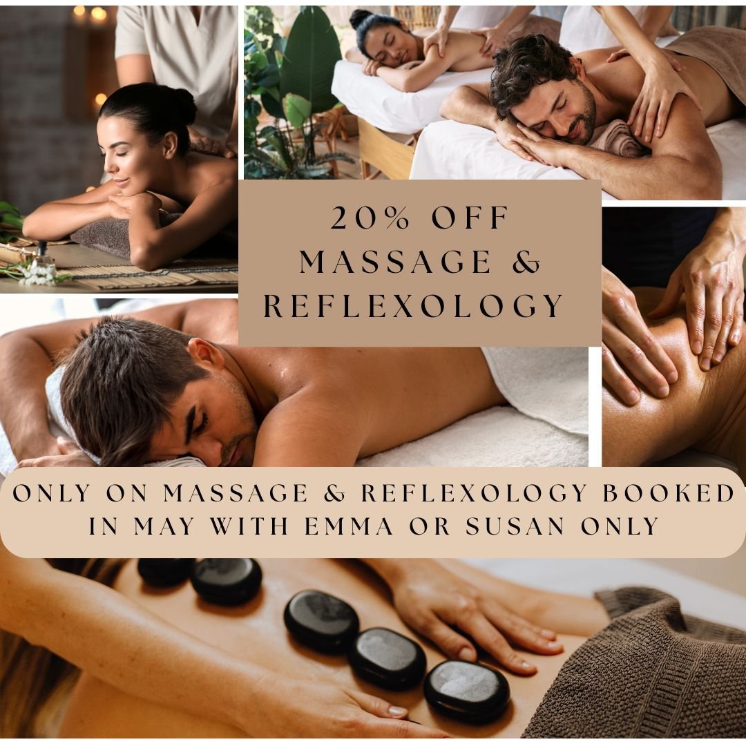 Amazing Offer Alert.  Book a massage or reflexology session with Emma or Susan in May and get 20% OFF.  Use promo code: PAMPER20 when booking online to claim your discount.  This offer is only valid for appointments booked in May with Emma and Susan.