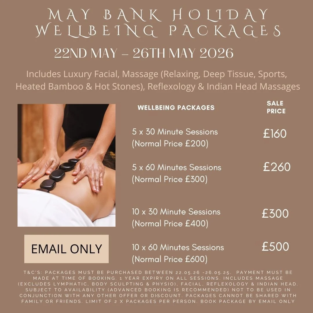 May Bank Holiday Weekend Well-Being Package Offers. Purchase a package and you can mix &amp; match your sessions for some of our most popular treatments. Great opportunity to treat yourself this Bank Holiday. To book your package - email us now. #May