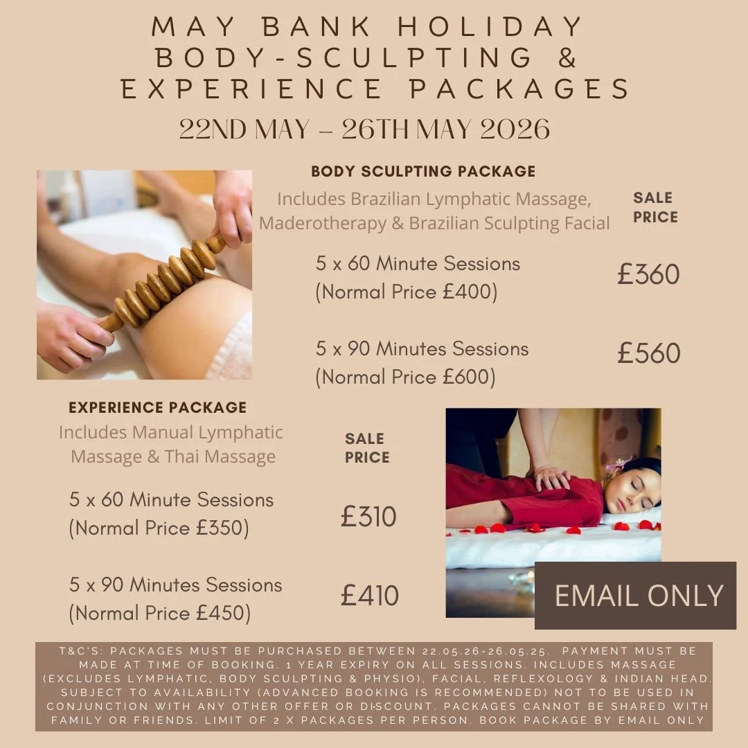 We are launching 2 more May Bank Holiday  Package Offers. Purchase a Body Sculpting package and you can mix &amp; match Brazilian lymphatic, Maderotherapy &amp; Brazilian Sculpting Facial.  Or treat yourself to our Experience Package which includes M