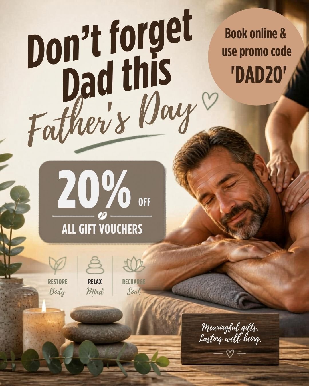 Have you got your dad something special for Fathers Day?  Fathers day is just around the corner and we are offering you 20% off all our gift vouchers so you can treat your dad to the gift of relaxation.  #fathersday #giftofrelaxation #giftvouchers #g