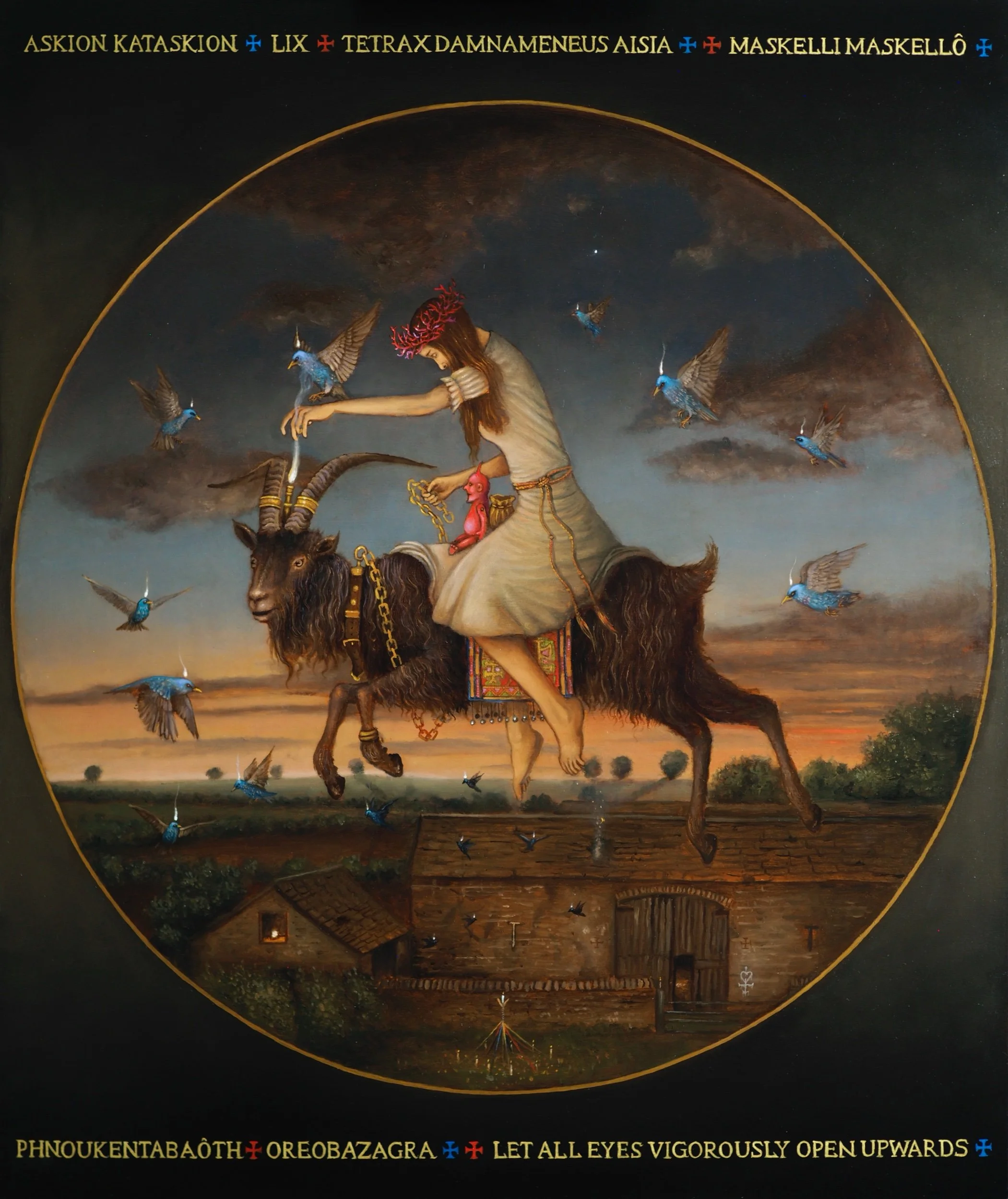 Incantation I: Let all eyes vigorously open upwards. Oil, shell gold on panel 50cm x 60cm