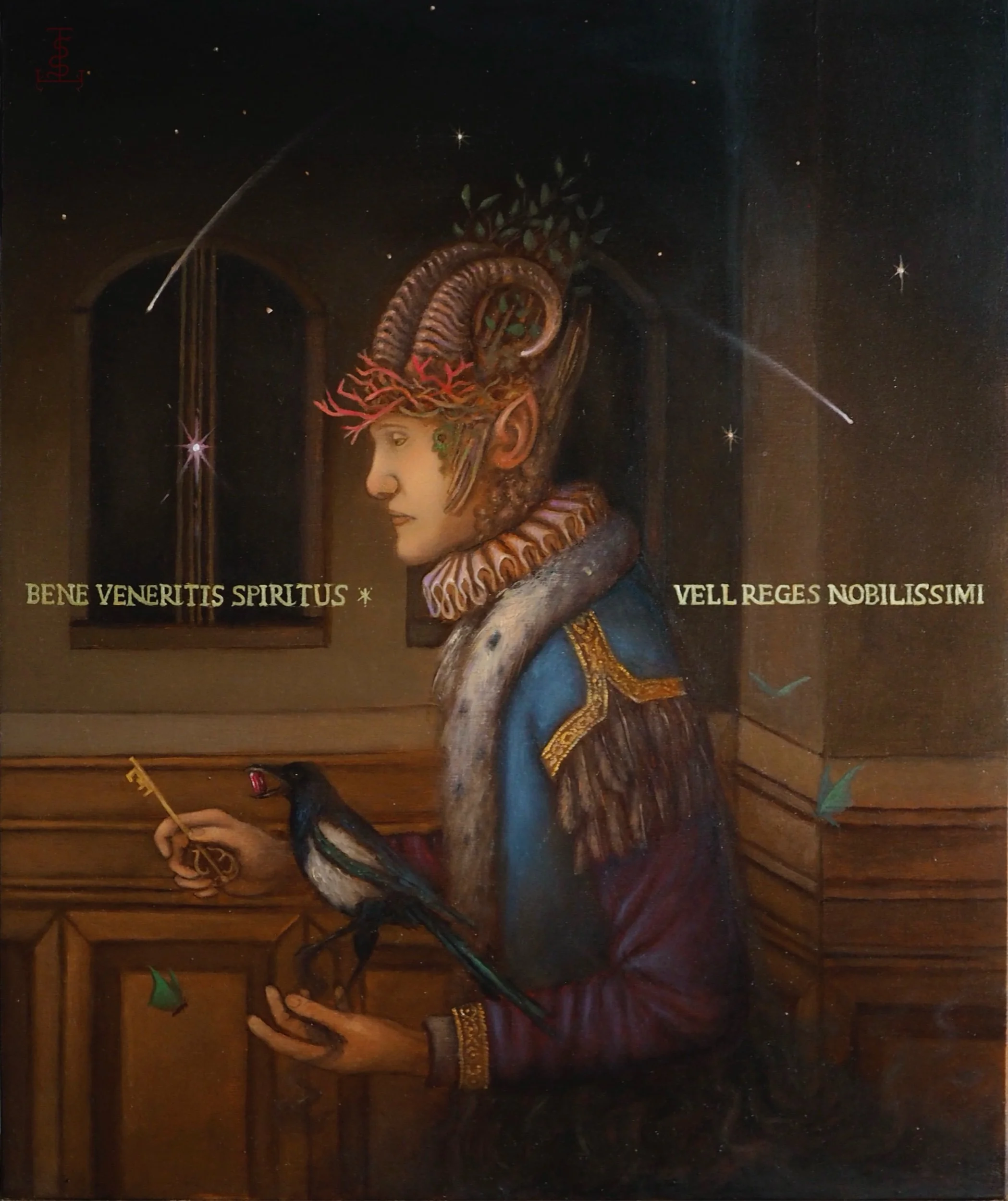 psychopomp I: welcome Noble Spirits. Oil shell gold on panel. 25cm x30cm