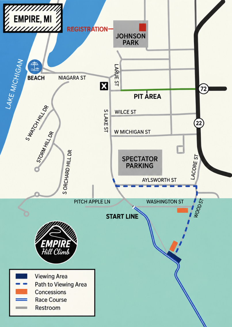 Empire Hill Climb event map showing registration, pit area, spectator parking, viewing area, concessions and race course