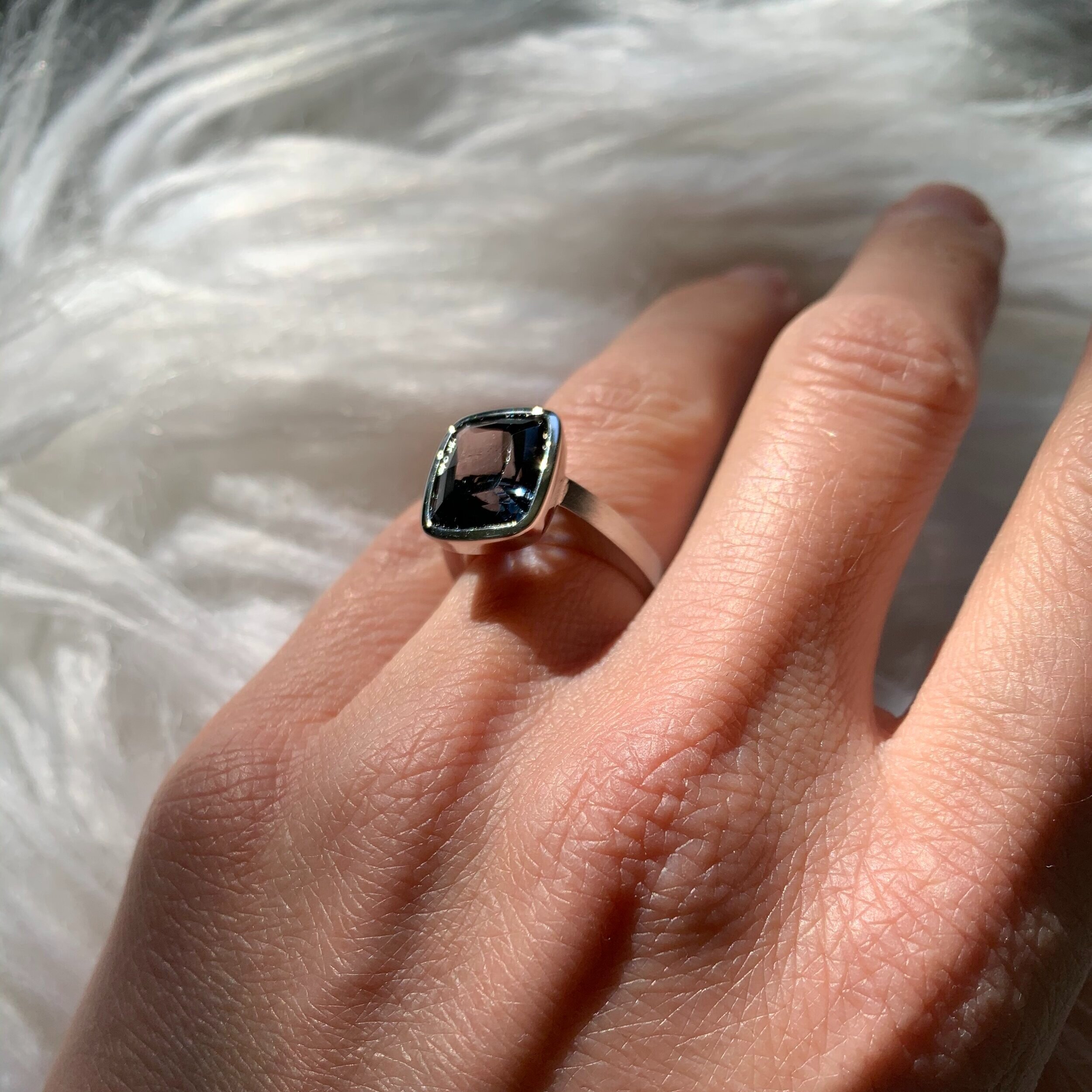 Blue Grey Spinel Pillow Cut Bezel Solitaire Ring