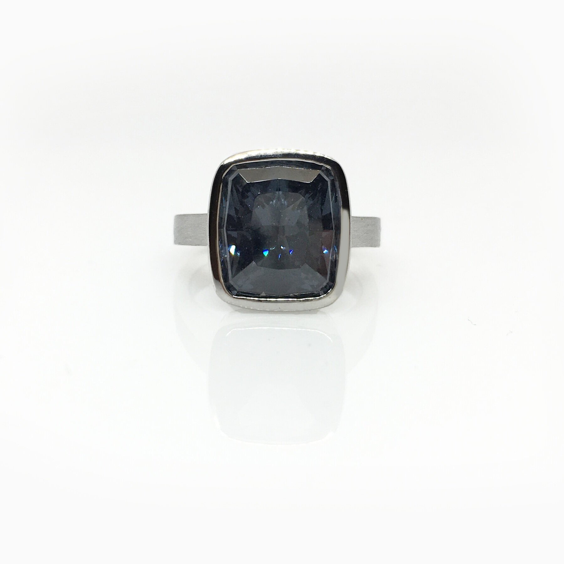 Blue Grey Spinel Pillow Cut Bezel Solitaire Ring