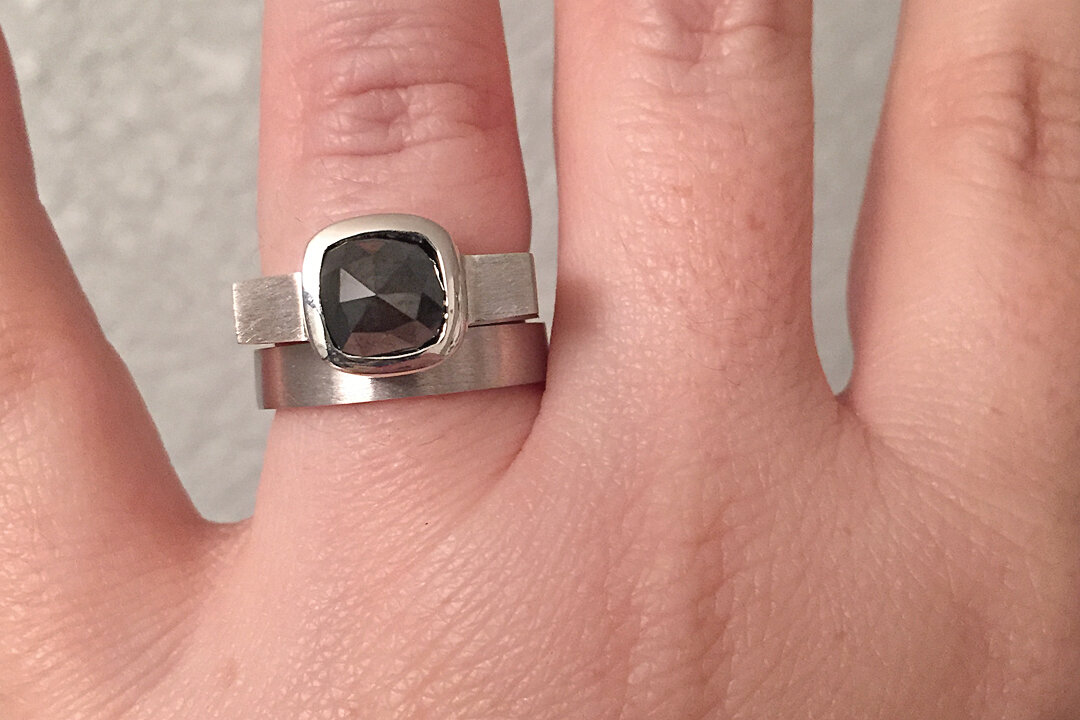 Black Diamond Cushion Cut Linear Bezel Ring with Diamond Baguettes