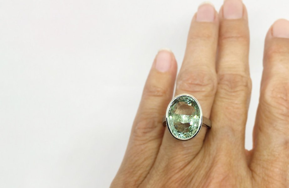 Oval Green Beryl Silver Bezel Ring