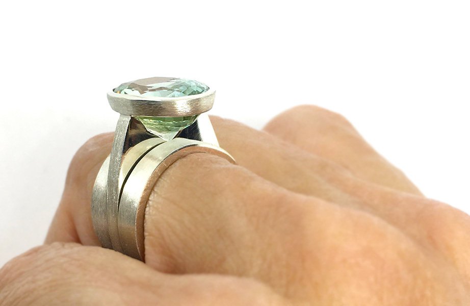 Oval Green Beryl Silver Bezel Ring
