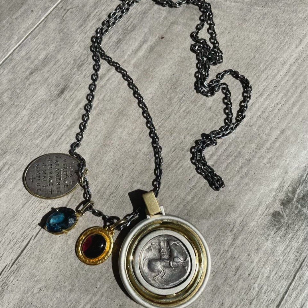 I love how clients creatively wear their jewels. CED designed and created large pendant for ancient coin in silver and yellow gold. We repurposed single earrings that were gathered in distant lands, into pendants. A travel story is carried on a long 