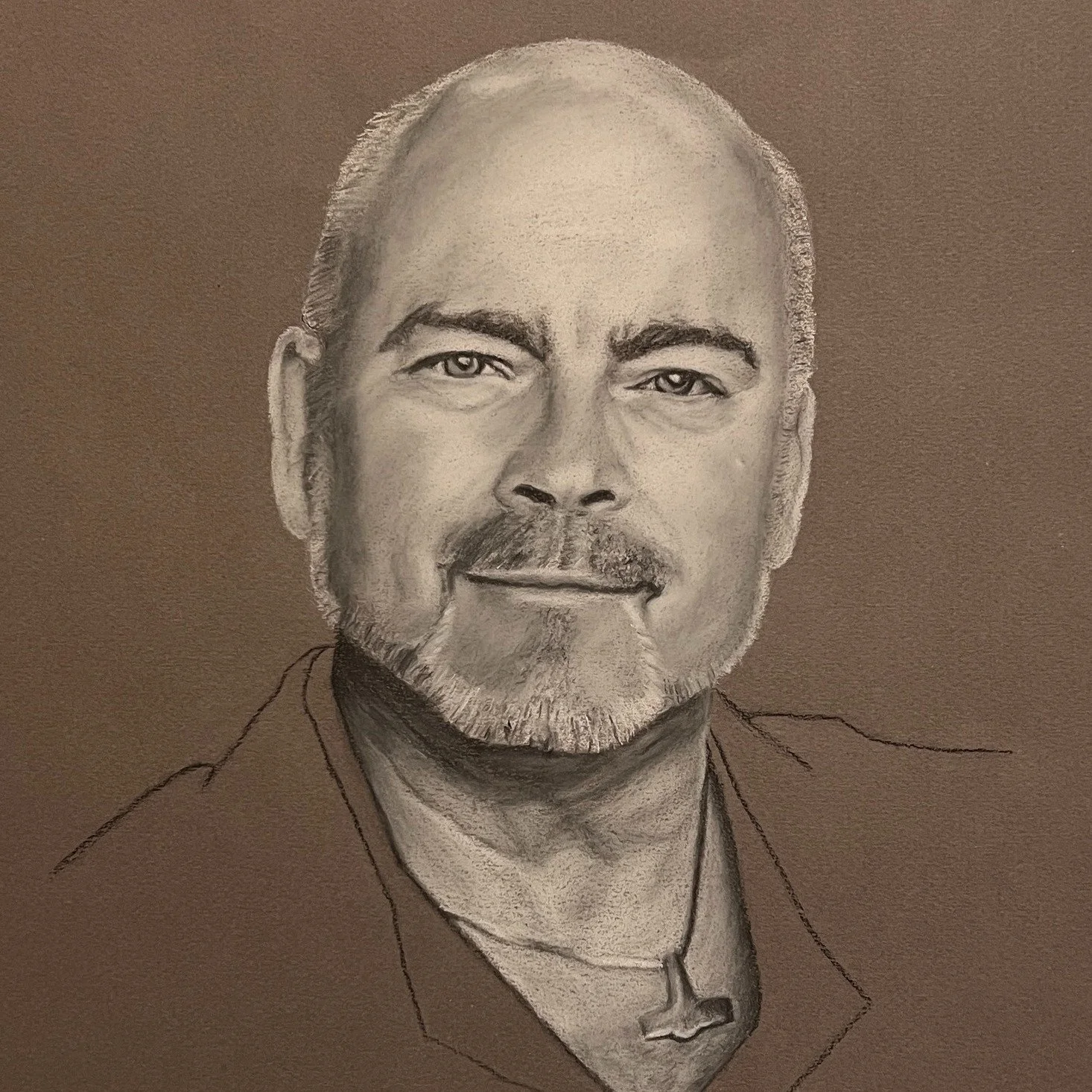 I am finding a lot of joy in drawing portraits.  I never thought that I would.  It is a new discovery.  White pastel pencil and charcoal pencil.  Of course much love went into this one.  I took the photo of my husband Ren and I think I captured his l