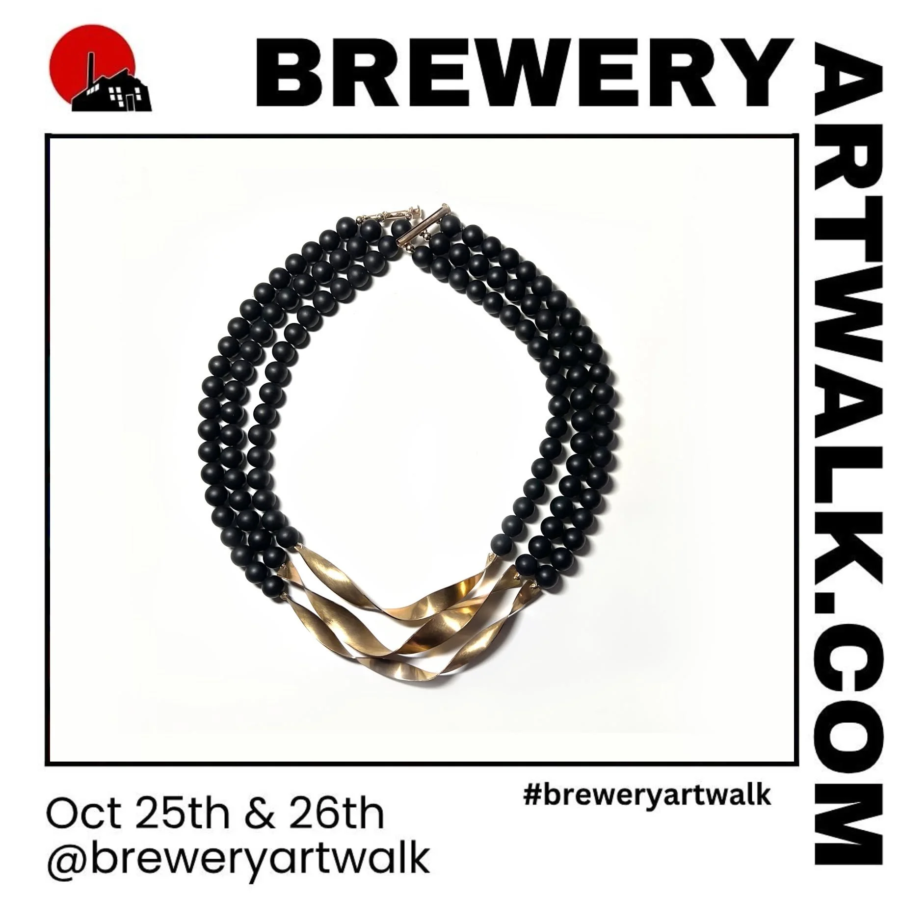 Join us at the Fall Brewery Artwalk next weekend!  Lots of open studios including ours!  This piece is from my La Jolla Collection inspired by the waves glistening in the sunset and the rocks in low tide.  Hand made from brass and matte onyx beads.

