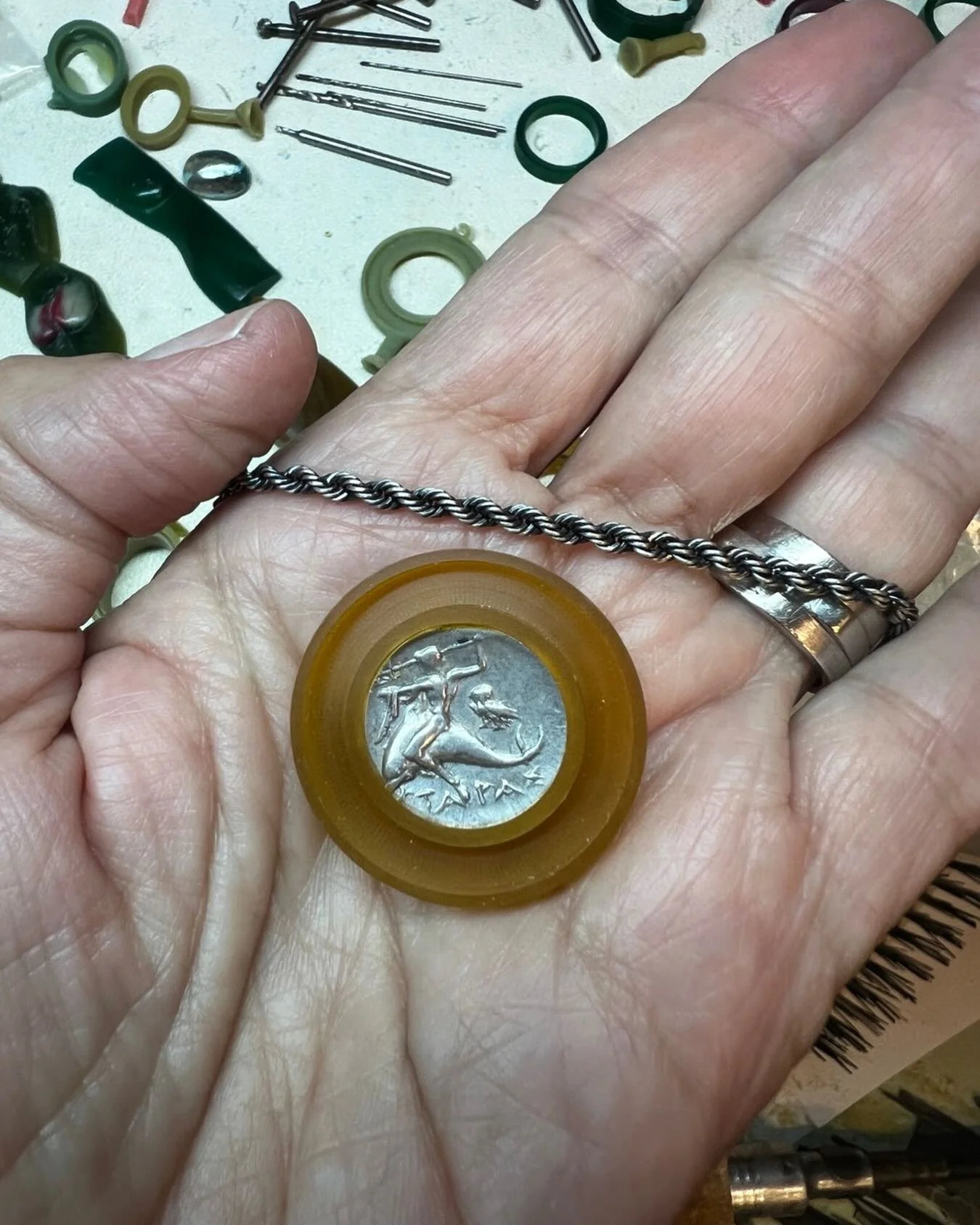 Ancient coin of boy on dolphin&hellip; pendant in progress.  It will be cast in silver with green enamel.