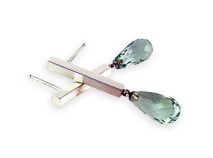 Silver Bar Earrings with Green Amethyst