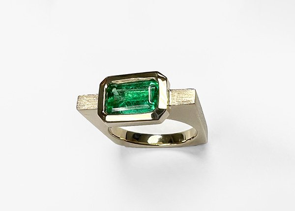 Colombian Emerald (1.46 cts) — Linear Emerald Bezel Ring set in 14k yellow gold 