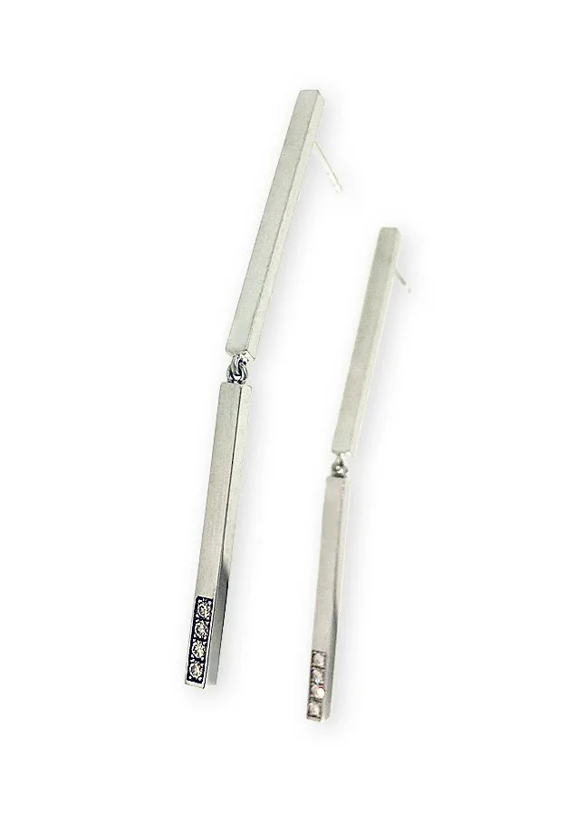 Silver Bar Drop Earrings with Sapphires