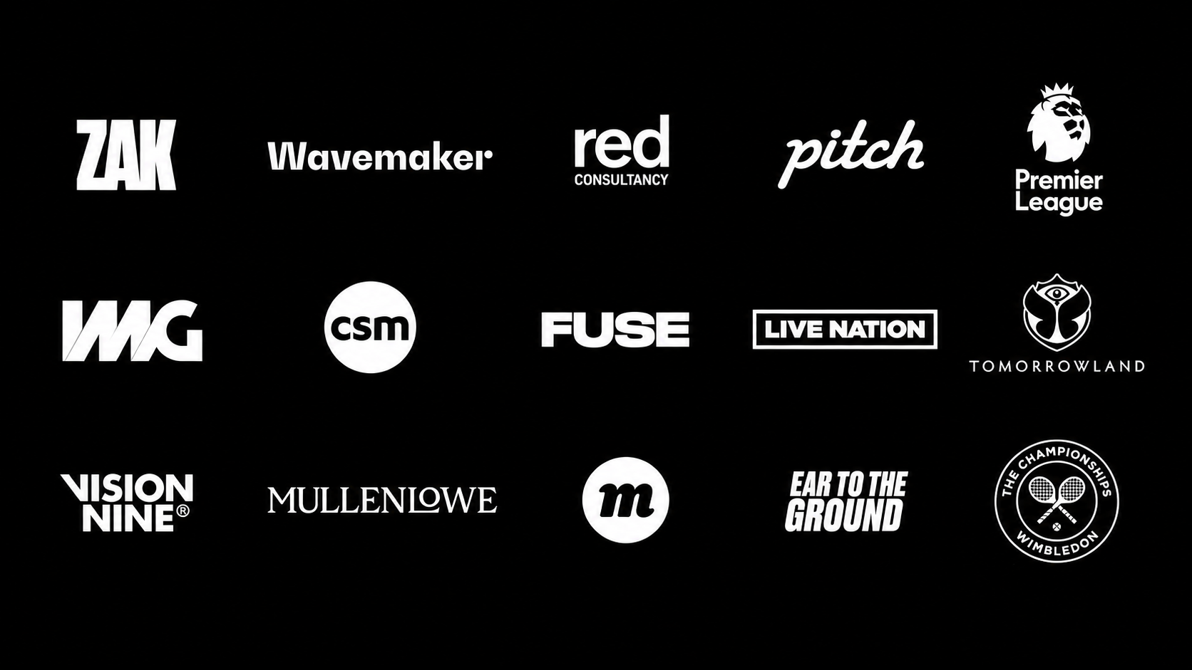 Black background with multiple white logos and text, including sports and entertainment brands such as ZAK, Wavemaker, red Consultancy, pitch, Premier League, IMG, CSM, FUSE, Live Nation, Tomorrowland, Wimbledon, Vision Nine, MullenLowe, an 'm' logo, Ear to the Ground, and a Wimbledon logo.
