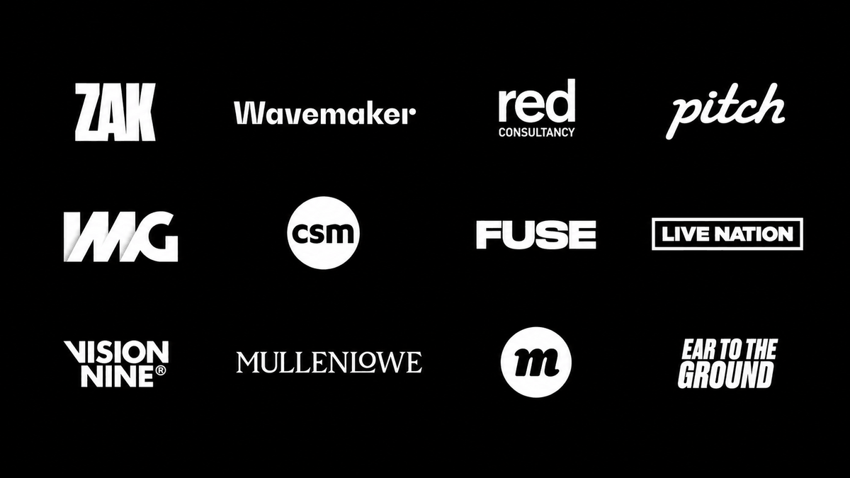 A collection of logos from various brands and companies, mostly in black and white, displayed on a black background.