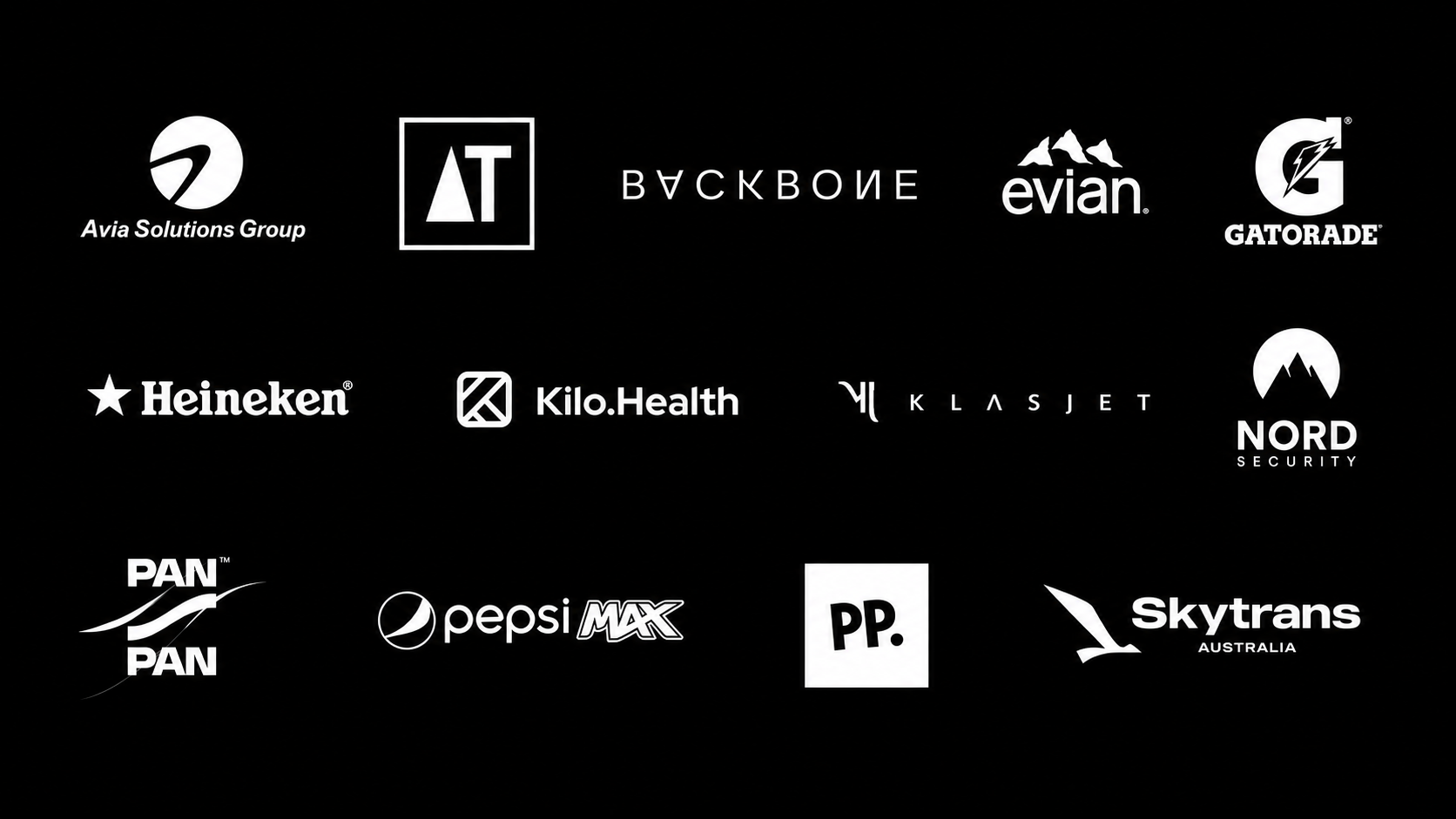 Collection of black and white logos from various brands and companies, including Avia Solutions Group, AT, BACKBOONE, Evian, Gatorade, Heineken, Kilo.Health, Klasjet, Nord Security, Pan, Pepsi Max, PP, and Skytrans Australia.