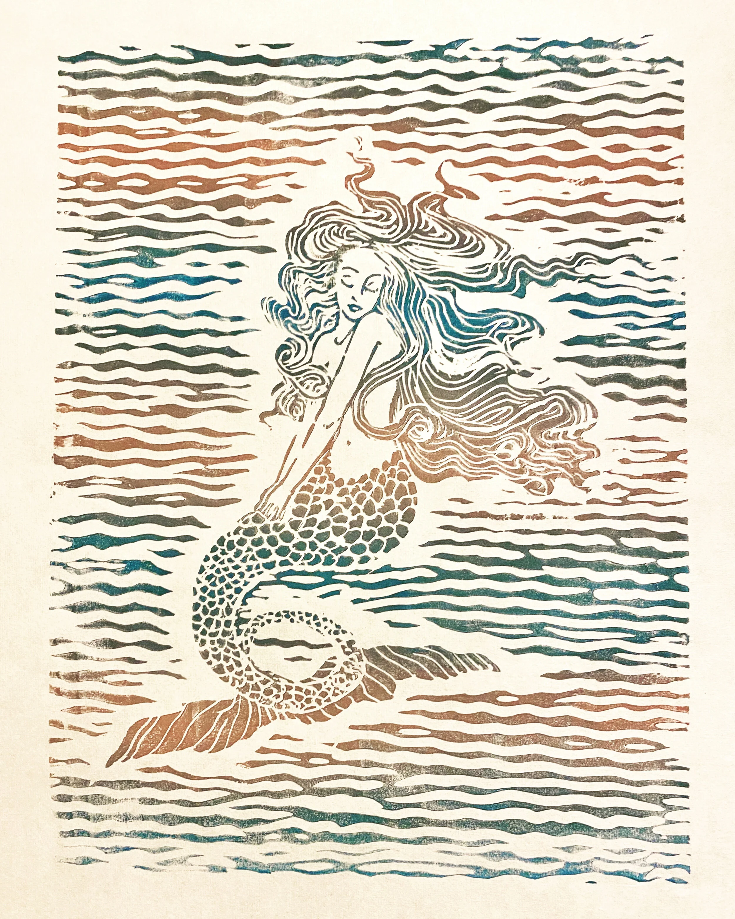 Mother of Pearl mermaid handmade art linocut print