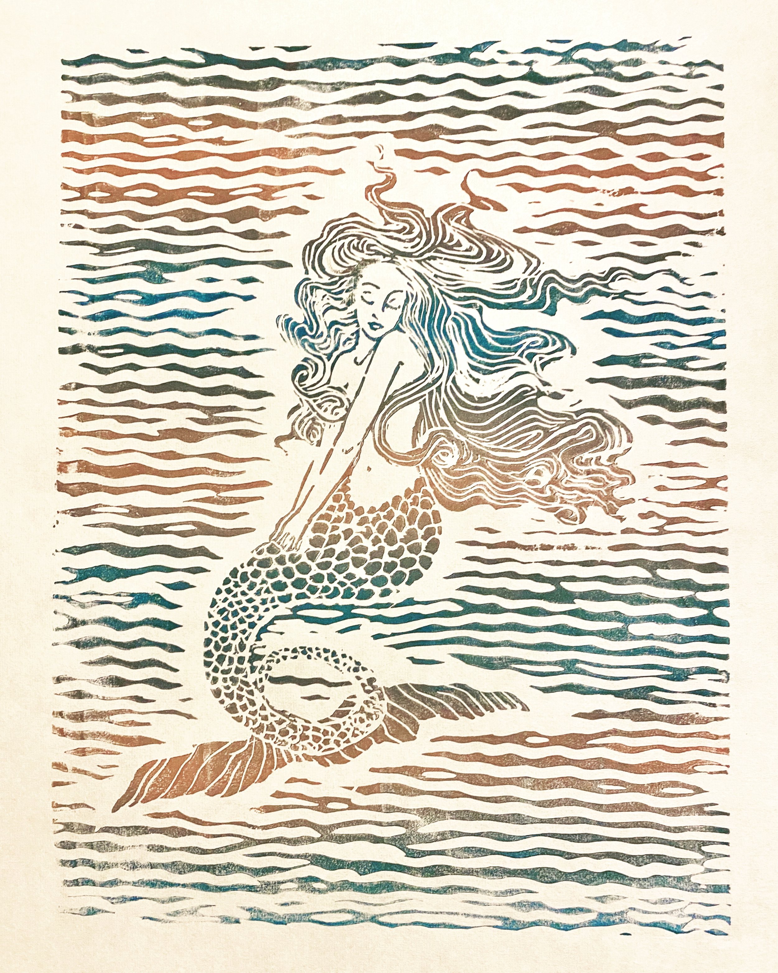 "Mother of Pearl" handmade art linocut mermaid print