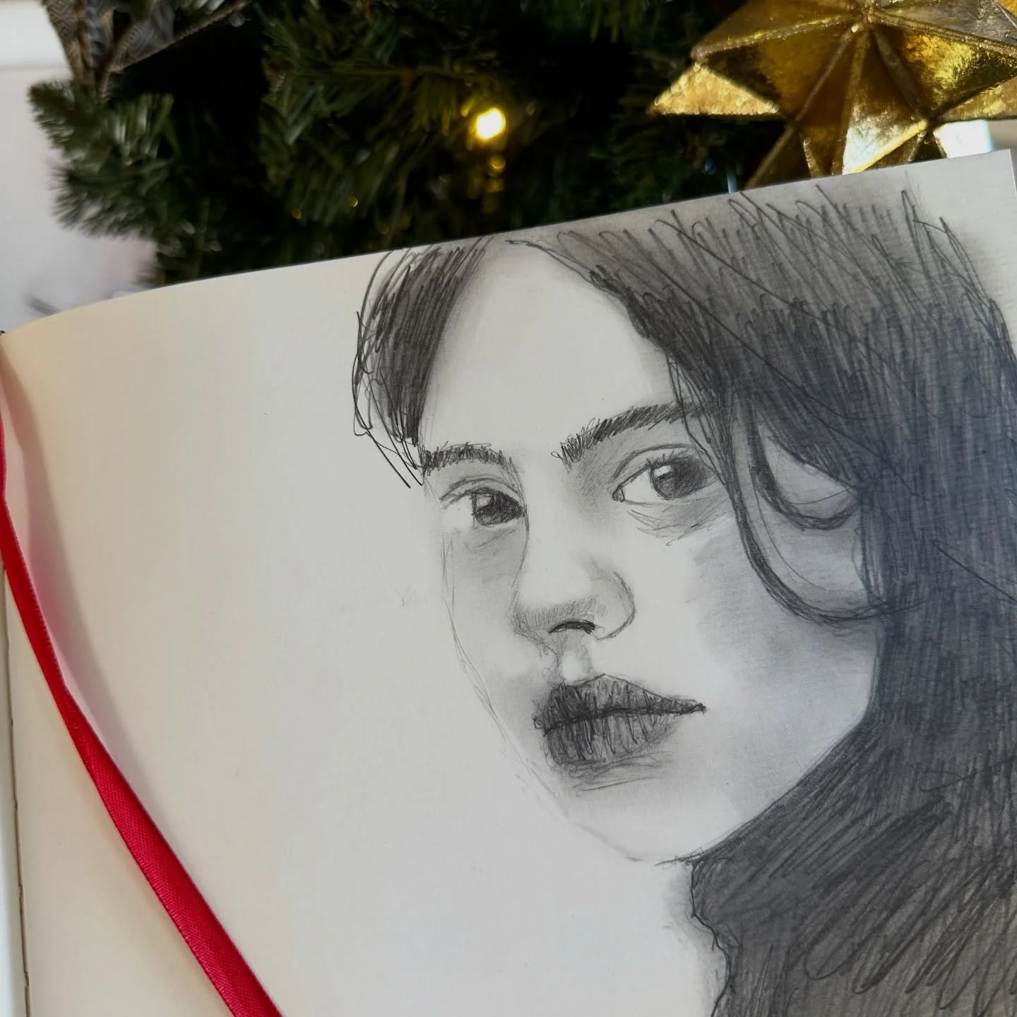 Drawing by the Christmas tree this morning 🎄 one week away🎄😊