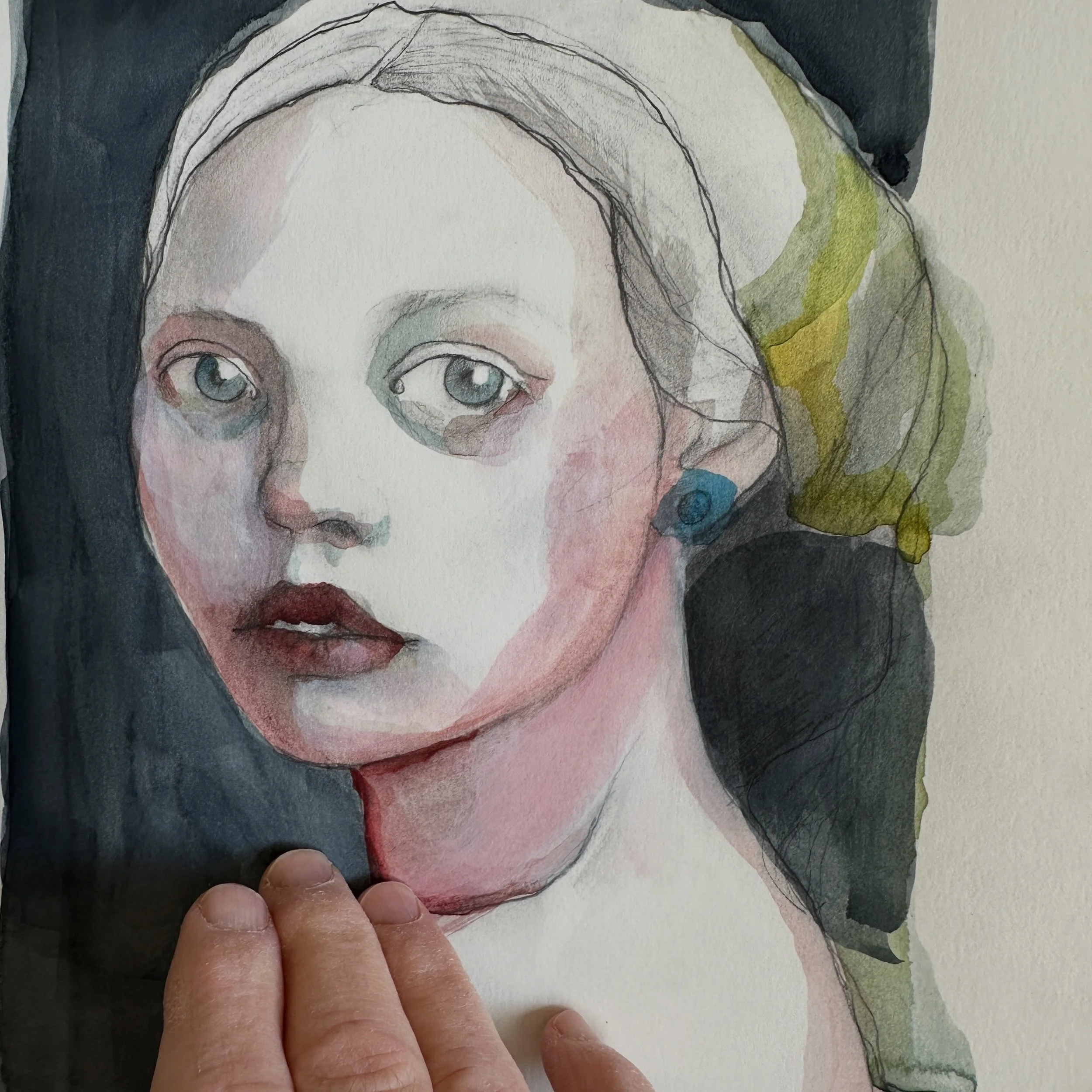 Imperfections 🖤 a tiny rabbit crawled up to the front of the studio this morning and died. There was no sign of trauma. And the moon and Venus were paired last night in the West. I threw color on this drawing. 🖤