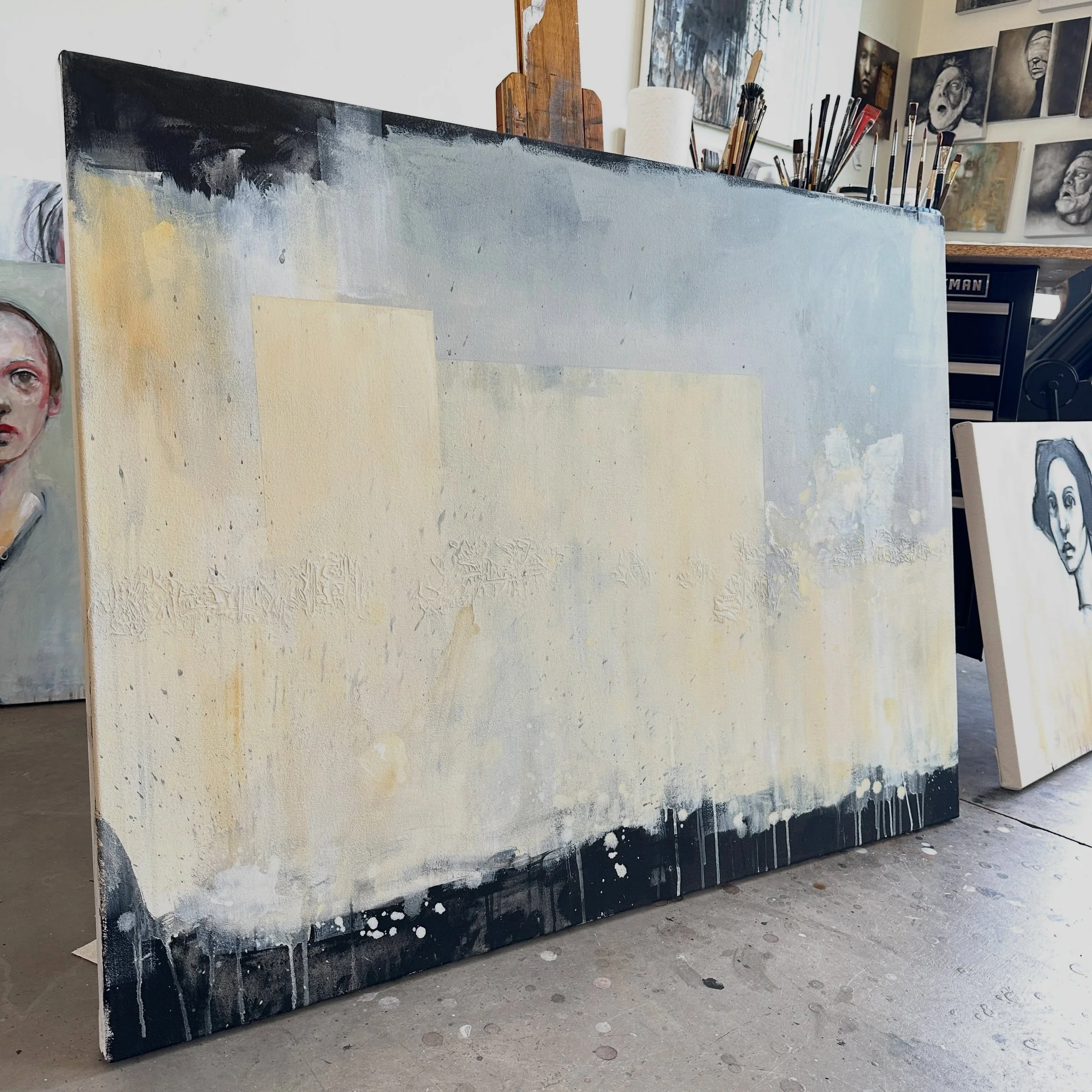 Yesterday I was painting over an old canvas of something I never liked and I was out of stretcher bars to stretch a new one. So I ended up messing around and this emerged. It made me pause. I totally intended to do a figure/face on this, but I think 