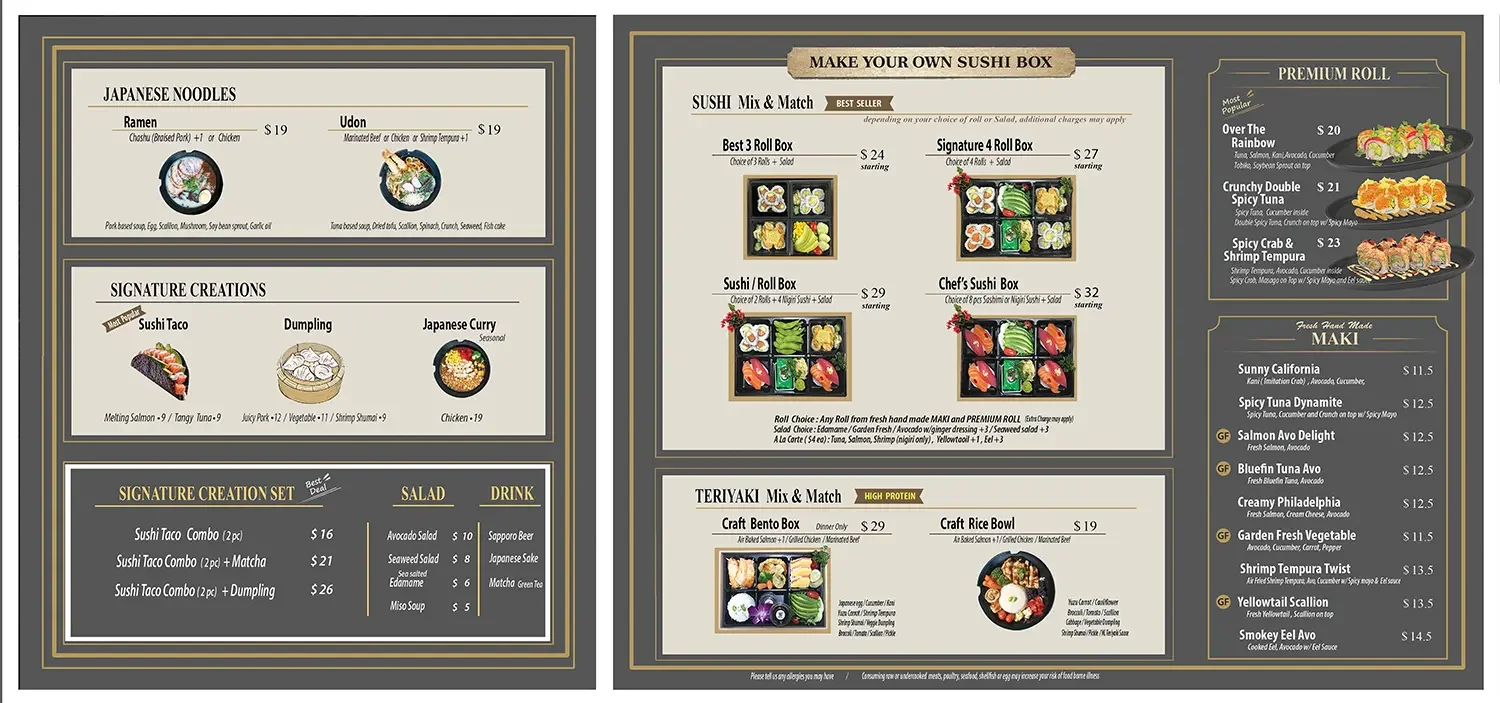 Two sushi restaurant menu pages. Left page features Japanese noodles, signature creations, combo sets, salads, and drinks. Right page offers make-your-own sushi boxes, sushi mix and match, teriyaki options, and premium rolls with descriptions and prices.