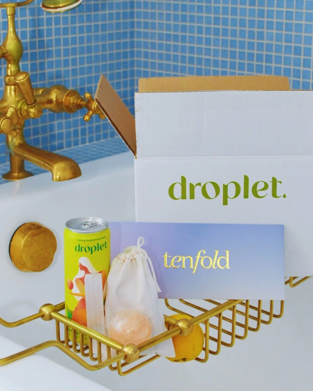 DROPLET SPARKLING ADAPTOGENS - IMMUNITY KIT WITH YUZU GINGER, BATH BAG, AND TENFOLD NAIL STICKERS