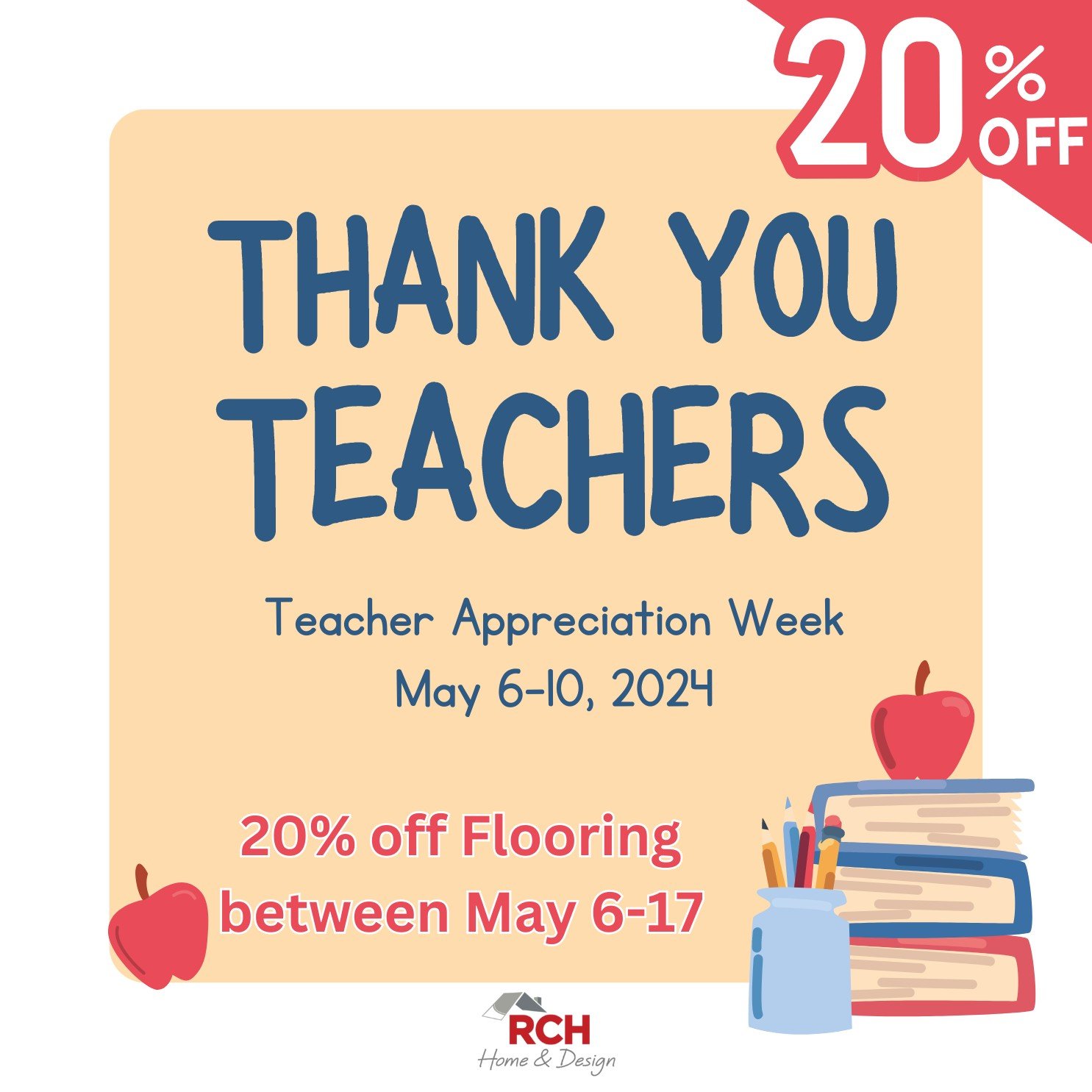 To show our gratitude to 📚TEACHERS📚 as the school year draws to a close and with National Teacher Appreciation Week approaching next week, we are offering a 20% discount on flooring to teachers for the next two weeks. 

Visit our showroom to take a